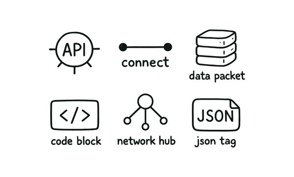  api badge, connect dots, stacked data packet, code block, network hub, and a json file tag &mdash; suited for developer docs, ui, and tech presentations.