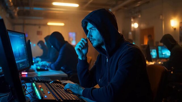 Person working on computer in dimly lit room