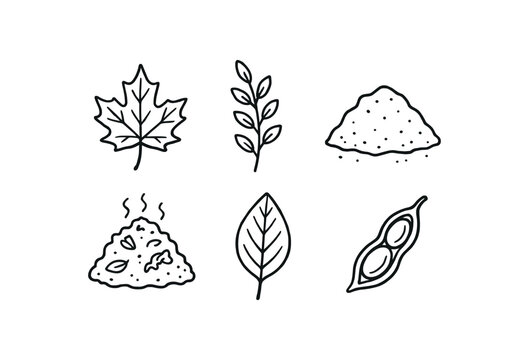 Six black line icons showing botanical and organic elements: a maple leaf, leafy sprig, pile of powder, steaming compost or soil, single leaf, and a seed pod 