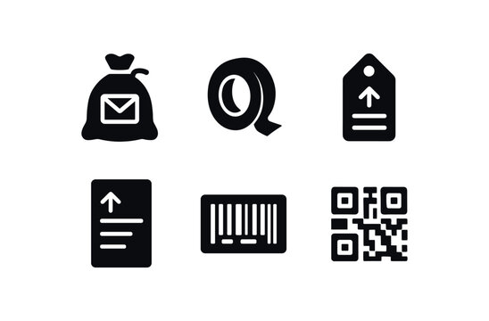 A set of black silhouette icons showing a mail bag, tape roll, shipping tag, address label, barcode, and qr code useful for packaging, shipping, and postal interfaces.