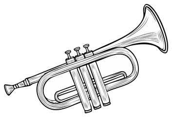 Naklejka premium Black and white sketch of a classic trumpet musical instrument with valves