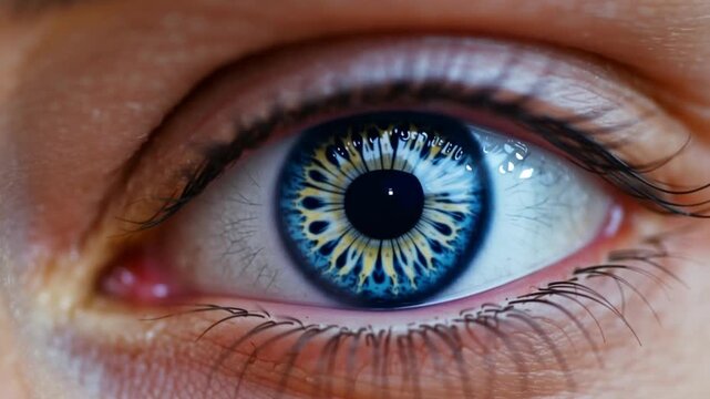 Close-up of a blue eye with detailed iris patterns.