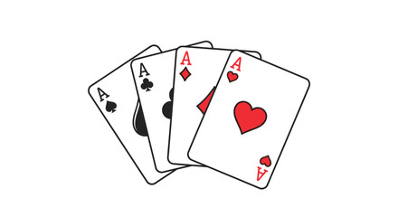 Obraz premium Four aces of different suits fanned out on a plain white background representing a winning hand in poker or card games.