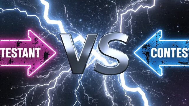 Contestant versus contestant face-off with neon arrows and lightning in a dramatic showdown