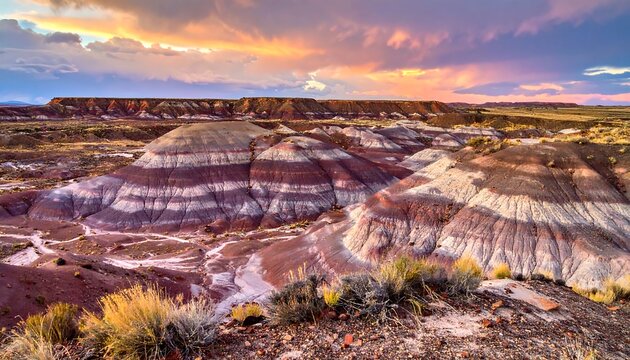Striped hills fade under sunset sky. Desert landscape with colorful layers and distant mesas