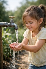 Smiling girl collecting clean water from tap outdoors for World Water Day symbolizing access and water rights