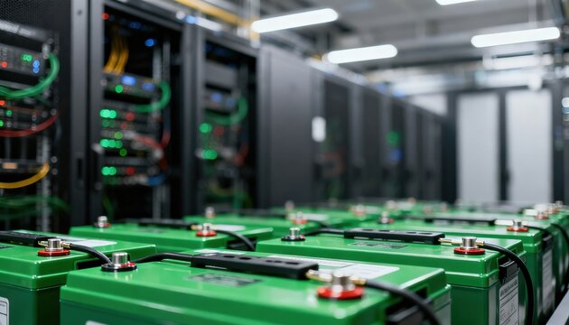 Backup battery units in sharp focus within a green data center showcasing reliable power for continuous news syndication with blurred data racks behind.