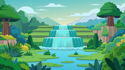 Lush Multi-Tier Waterfall in Green Landscape Vector Illustration © MdSzzad