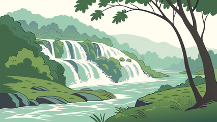 Lush Multi-Tier Waterfall in Green Landscape Vector Illustration © MdSzzad