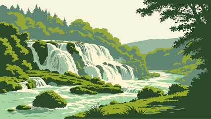 Lush Multi-Tier Waterfall in Green Landscape Vector Illustration © MdSzzad