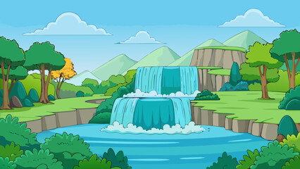 Lush Multi-Tier Waterfall in Green Landscape Vector Illustration © MdSzzad
