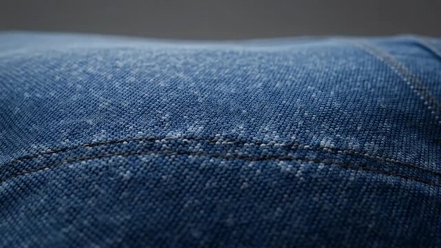 Close up image of textured blue denim fabric with visible stitching