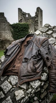 Tattered Leather Jacket Resting on Stone Wall