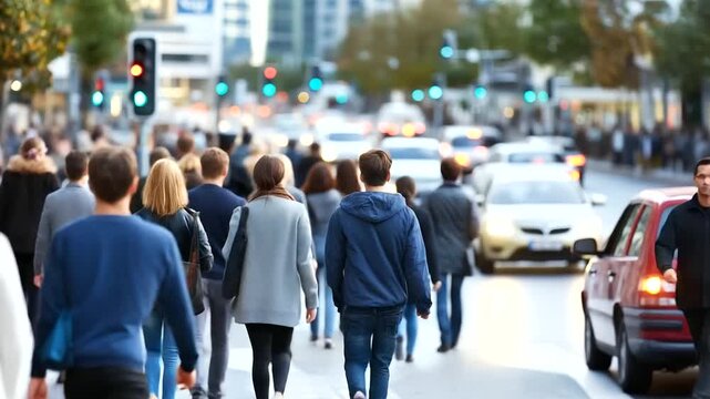 Busy city street during rush hour with faceless pedestrians, urban traffic congestion, downtown commuter scene, metropolitan lifestyle, peak hour chaos, city center activity,