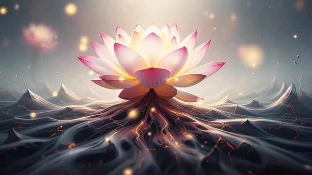 Glowing pink lotus flower above dark, swirling waters with light sparks against a soft gray sky
