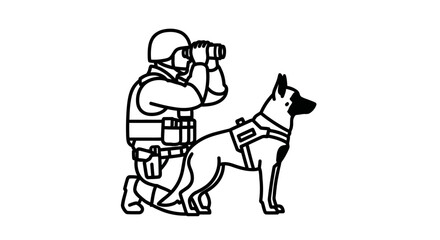 Kneeling Soldier with Binoculars and Police Dog on Duty