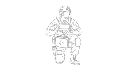 Kneeling Soldier with Medical Bag, Military Medic, First Aid Kit, Combat Support