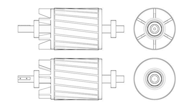 Industrial Induction Motor Rotor - Blueprint. 3D rendering isolated on blue background. 3D Mesh, Sketch, Vector style or Drawing. Ideal for educational, engineering, and industrial design.