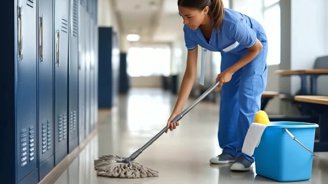 Faceless janitor in blue uniform mopping school hallway floor near lockers, cleaning service worker ensuring hygiene standards, routine safety at work, clean tidy school