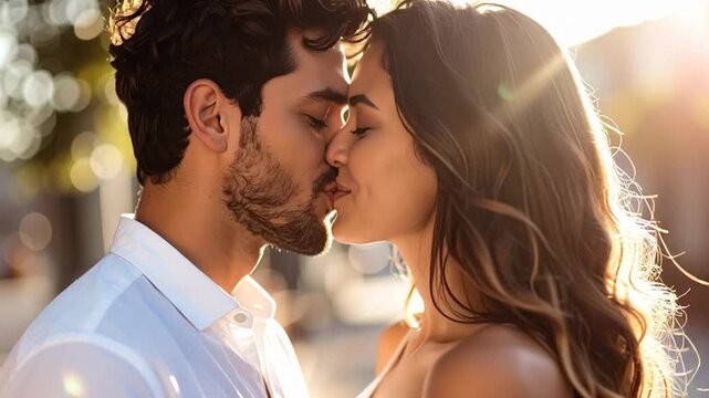 Couple Sharing Romantic Kiss in Sunlight.