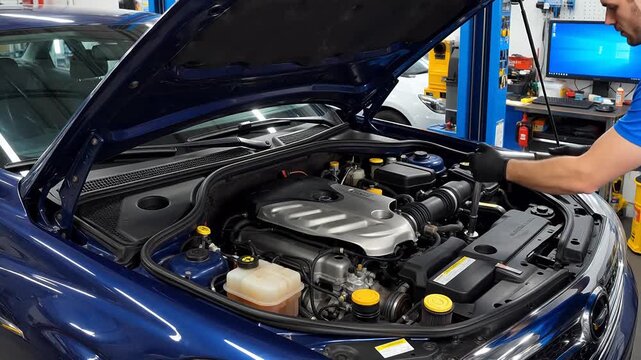 Man working on car engine in garage