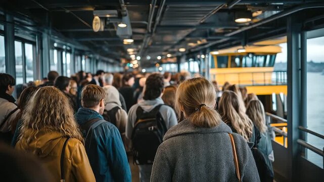 Crowded ferry terminal with many faceless passengers, overcrowded transportation hub, public transit congestion, marine transport facility, commuter traffic, busy waterfront