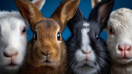 Obraz premium Four rabbits face the camera with curious eyes