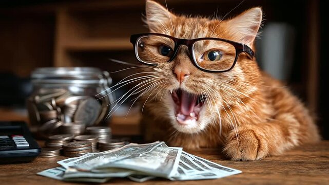 Ginger cat wearing glasses sitting at table with money, cat looking shocked with mouth open wide, surprised by cash and coins, funny pet portrait counting wealth, humorous animal