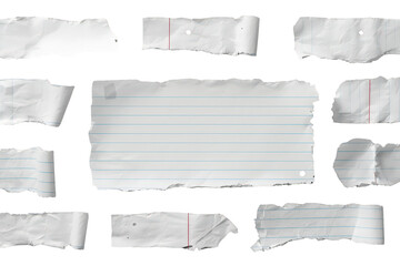 Torn paper fragments with blue lines and red margins creating a collage of blank spaces for notes and messages