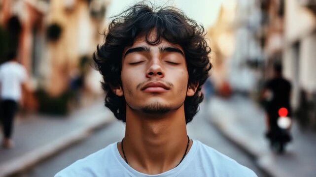 A young man with dark, curly hair and closed eyes stands on a blurred, sunlit street