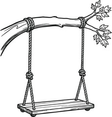 Rustic tree branch swing illustration, hand drawn wooden swing hanging with rope, outdoor garden playground concept, vintage nature vector