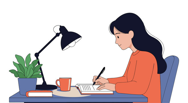 Focused young woman sits at her desk at night writing in a notebook under the light of a small desk lamp.