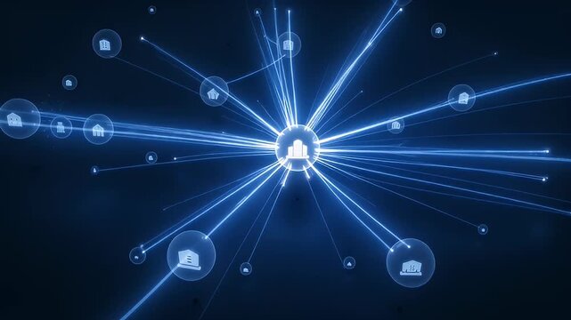 Interconnected network of buildings with glowing blue lines on a dark background
