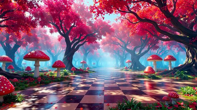 Fantasy forest with red trees and mushrooms