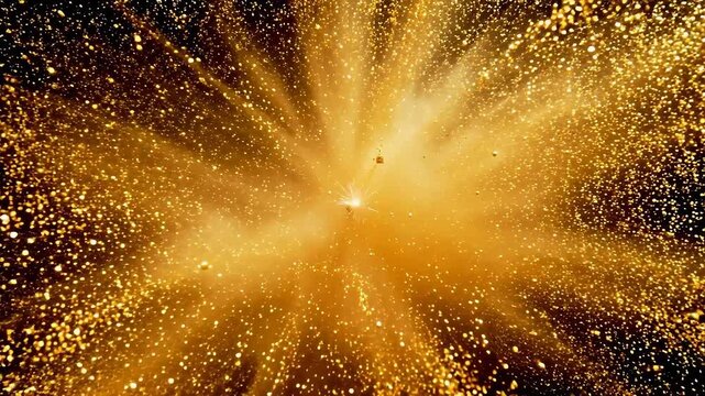 Golden particle explosion on black background