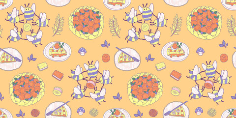 Sweet honey bees and fruit berry pies. Folk village animals and insects seamless pattern. Orange horizontal cozy background print for children's textiles. © Alina Dmitrieva
