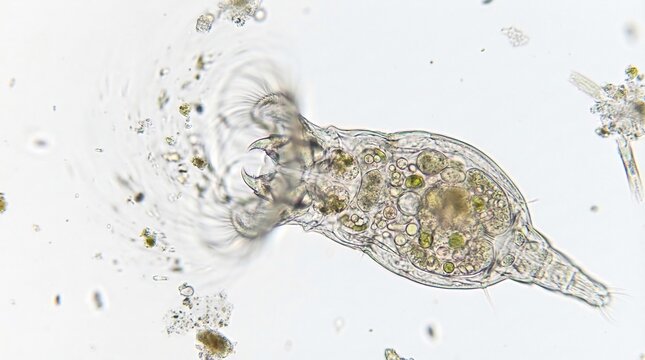 freshwater rotifer under microscope, actively feeding, detailed view