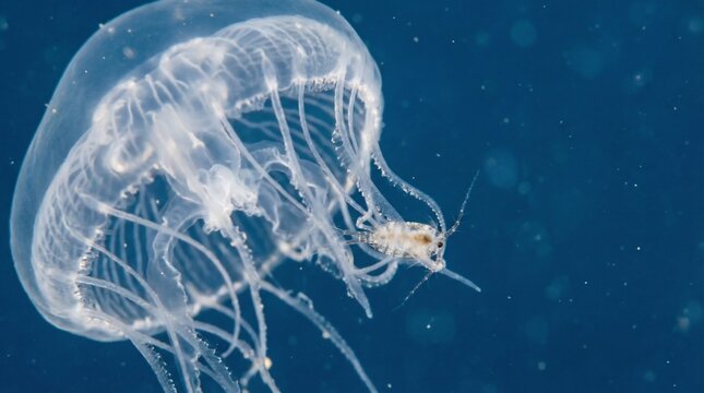 translucent jellyfish and copepod in deep blue ocean water
