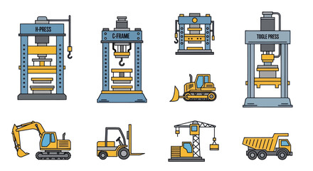 A set of colorful cartoon illustrations featuring heavy industrial machinery like presses excavators and trucks. © Roti