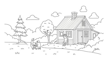 Fototapeta premium Simple black and white line drawing of a house with trees and garden.