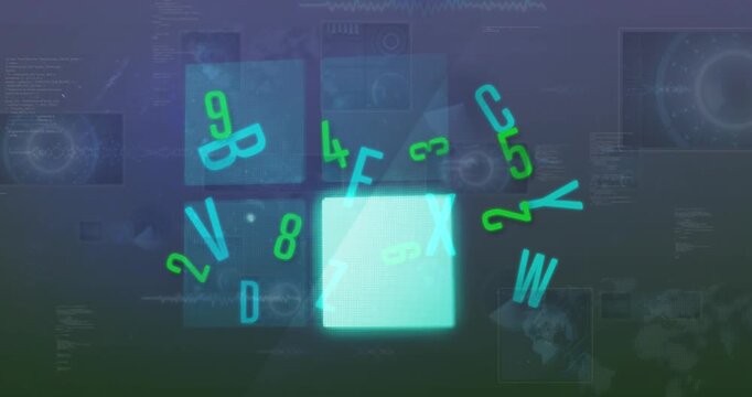 Animation of letters and numbers with glowing squares over data processing