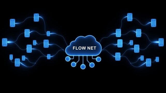 Cloud computing Flow Net network diagram with glowing blue lines connecting data blocks to a central cloud icon labeled Flow Net . Motion graphics of concept. animation. 4k video