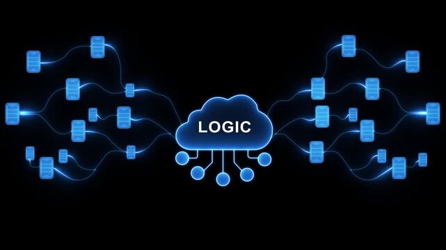 Cloud computing logic network diagram with glowing blue lines connecting data blocks to a central cloud icon labeled logic. Motion graphics of concept. animation. 4k video