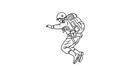 Paratrooper Soldier Jumping with Backpack and Helmet, Military Action Line Art