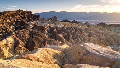 Obraz premium Desert badlands landscape with layered rock formations under a bright sky