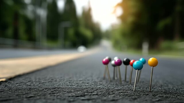 Row of colorful pins placed along road representing strategic planning and milestones in project development journey, with copy space