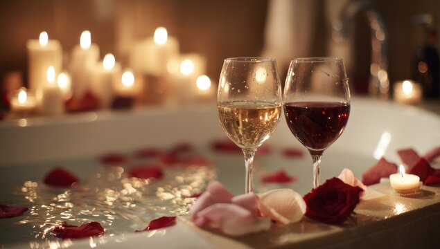 Two wine glasses with red and white wine near rose petals in a bathtub surrounded by candles.