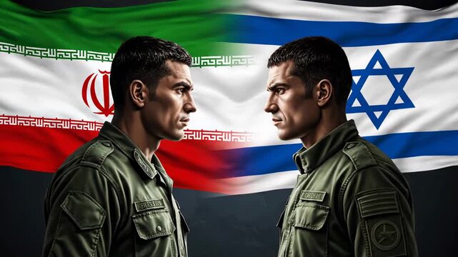 Two soldiers in military uniforms face each other with the flags of Iran and Israel behind them, symbolizing a geopolitical conflict.
