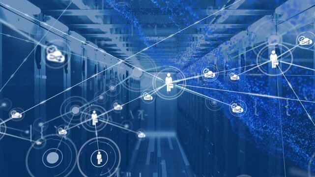 Animation of data network of people and cloud icons processing over computer server room