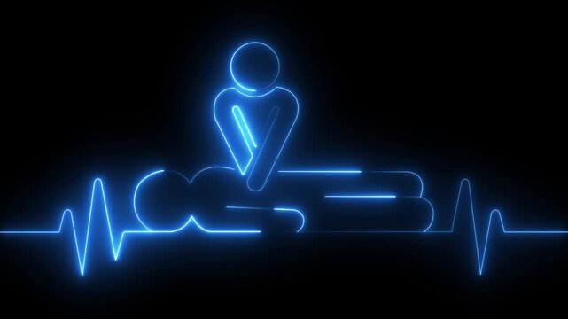Neon heartbeat icon animation. CPR chest compressions showing medical resuscitation technique for training, safety, and emergency education. CPR chest compressions heartbeat signal icon. 4k video